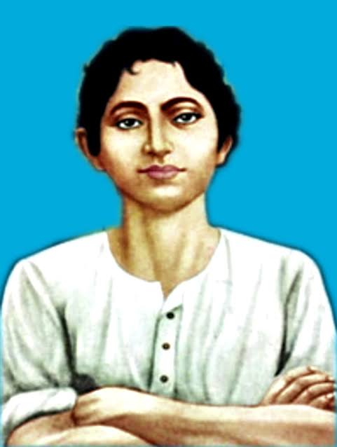 Popular printed portrait of Khudiram Bose with folded arms, in a white kurta against a bright blue ground.