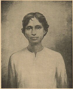 Painted portrait of Khudiram Bose by the artist Haripada Das, showing him in a light kurta against a plain ground.