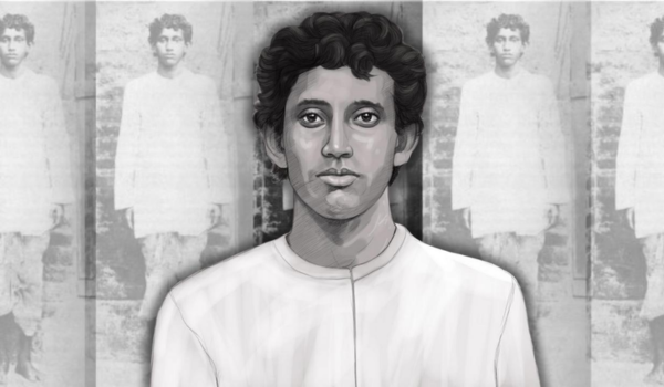 Modern illustrated portrait of Khudiram Bose, set against a repeated pattern of his archival standing photograph.